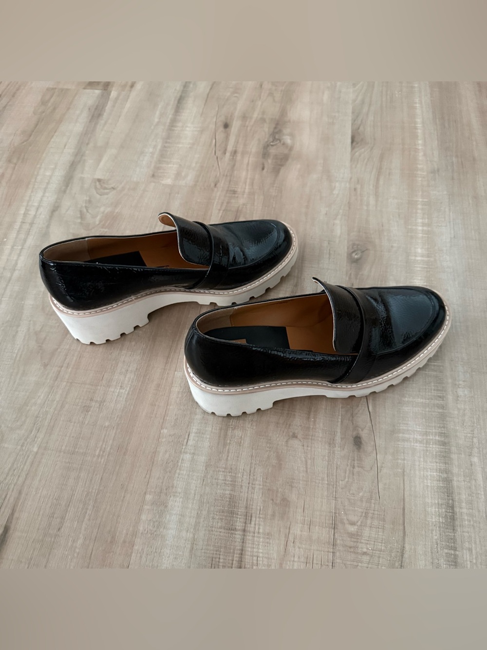 Dolce Vita Black Patent Loafers with White Lug Platform Sole, Size 9
